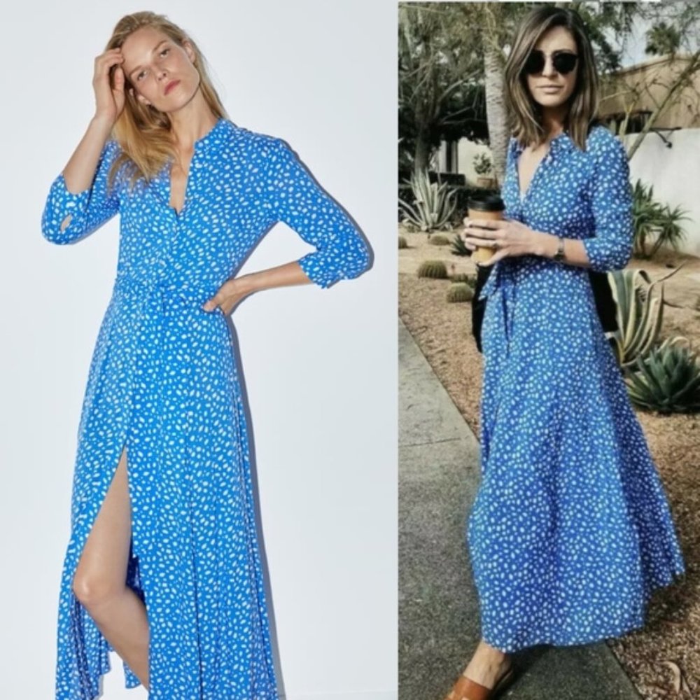Zara Long Printed Maxi Belted Dress in Blue XL